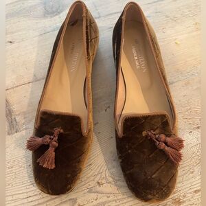 velvet slippers with a tassel 
1/2 inch heel 
nicky hilton x french sole